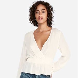 Express White Smocked Waist Surplice Plunge Peplum Top